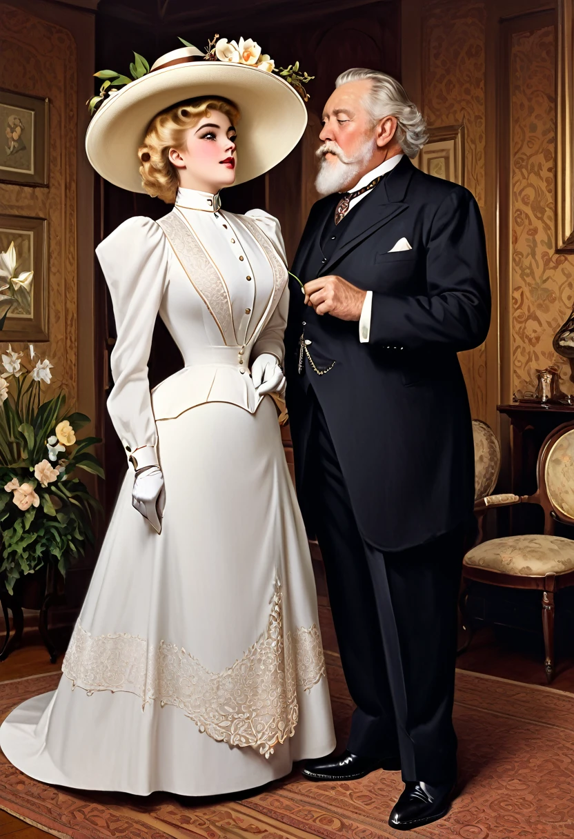 A gorgeous well-endowed 14yo blonde Gibson Girl bimbo (((fondled by a large horny 69yo gentleman))) in the parlor. Year 1902. (((1900_dr3ss))). Edwardian setting. Short girl with an hourglass figure wearing an elegant white Edwardian outfit consisting of a ((high-collar long sleeve shirtwaist, long skirt, boots, gloves and a wide-brimmed picture hat with flowers)), large tits, wasp waist, massive ass. Man wearing a three-piece suit. (((Young girl and old man. Man taller than girl))). (((NSFW))). (((Realistic proportions:1.5)))