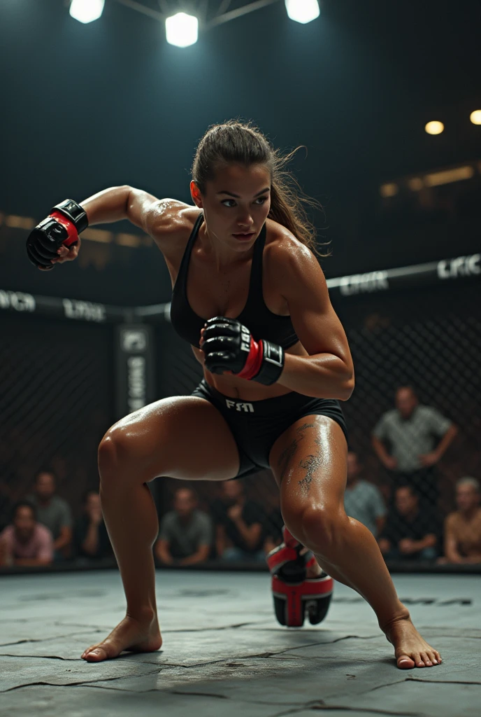 A sexy sweaty 23 yo brunette topless in thong try to get Up in the mma cage, stunned. She Will be knocked out by her blond rival and lose her title 