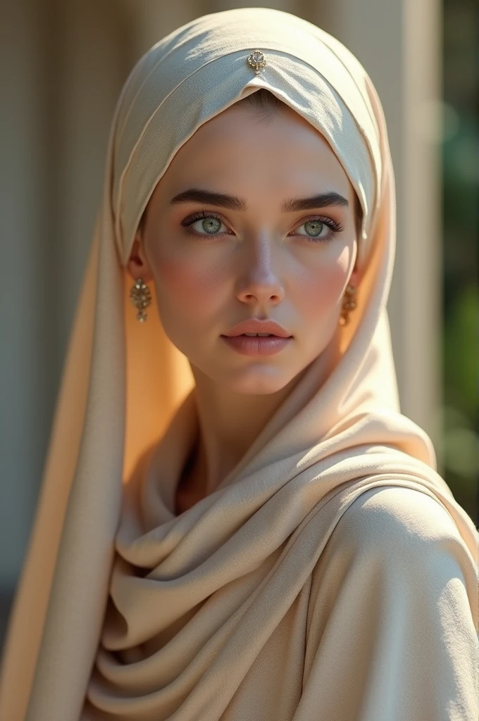 A beautiful hijabi in beige dress which is soaked with semen and cum on her face