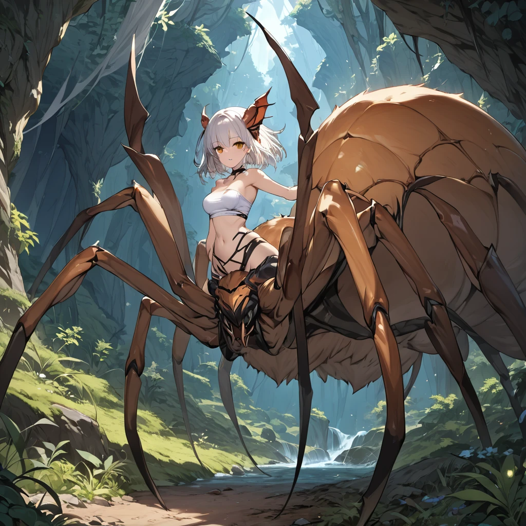 score_9, score_8_up, score_7_up, score_6_up, 1woman, arachnid, spider legs, arachtaur, forest

masterpiece,highly detailed,8k resolution,solo,ultra detailed perfect piece,masterpiece,extremely detailed CG 8k,very fine 8K CG,best quality,absurdres,zoomed out view,full body view, full length portrait, 8k, 4k, 2k, detailed, intricate, (female), ((solo)), ((detailed fur)),Perfect Anatomy

Background is a large empty cave for a cavern,spider webs drape around the cave a bt to cover it op

Character is a half human, human head, arms and torso, half spider lower half of legs and throax, arachtaur, arachnid, aix spider legs, short white hair in a bob cut,golden yellow eyes,human-like body,hourglass body,D cups,fur ciebred spider abdomen,a plump spider thorax witu thick webbing,black spider body,white silk tube top

MFBP1,cute spider girl,anime style,chibi style