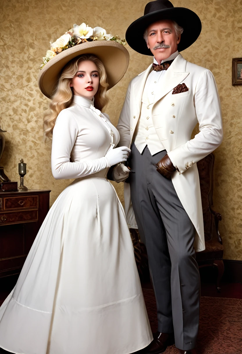 A gorgeous well-endowed 14yo blonde Gibson Girl bimbo (((fondled by a large horny 69yo gentleman))) in the parlor. Year 1902. (((1900_dr3ss))). Edwardian setting. Short girl with an hourglass figure wearing an elegant white Edwardian outfit consisting of a ((high-collar long sleeve shirtwaist, long skirt, boots, gloves and a wide-brimmed picture hat with flowers)), large tits, wasp waist, massive ass. Man wearing a three-piece suit. (((Young girl and old man. Man taller than girl))). (((NSFW))). (((Realistic proportions:1.5)))