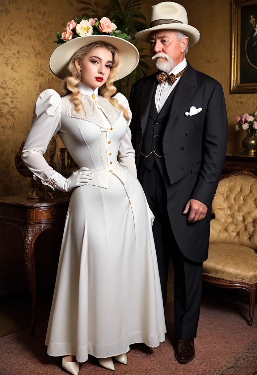 A gorgeous well-endowed 14yo blonde Gibson Girl bimbo (((fondled by a large horny 69yo gentleman))) in the parlor. Year 1902. (((1900_dr3ss))). Edwardian setting. Short girl with an hourglass figure wearing an elegant white Edwardian outfit consisting of a ((high-collar long sleeve shirtwaist, long skirt, boots, gloves and a wide-brimmed picture hat with flowers)), large tits, wasp waist, massive ass. Man wearing a three-piece suit. (((Young girl and old man. Man taller than girl))). (((NSFW))). (((Realistic proportions:1.5)))