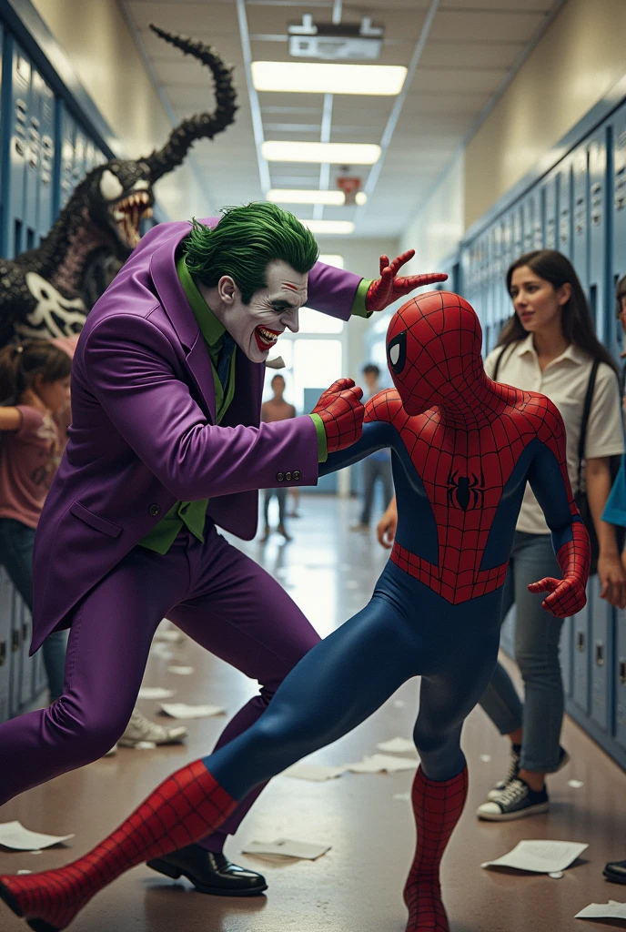Joker punching spiderman at boxing land