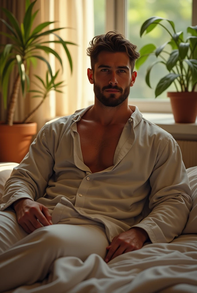 (hyper-realistic, photorealistic, 4k, 8k), (perfect face:1.1), (high detail:1.1) like a renaissance sculpture, extremely handsome male, (naked torso), wearing micro orange tiny g-string, mage long red robes, clean shaved, front view, lying on his back, holding legs raised, athletic body, (white skin), bare chest, flat chest, (orange hair scruffy), serene expression, small waist, muscular, slim body build, best quality, high-resolution