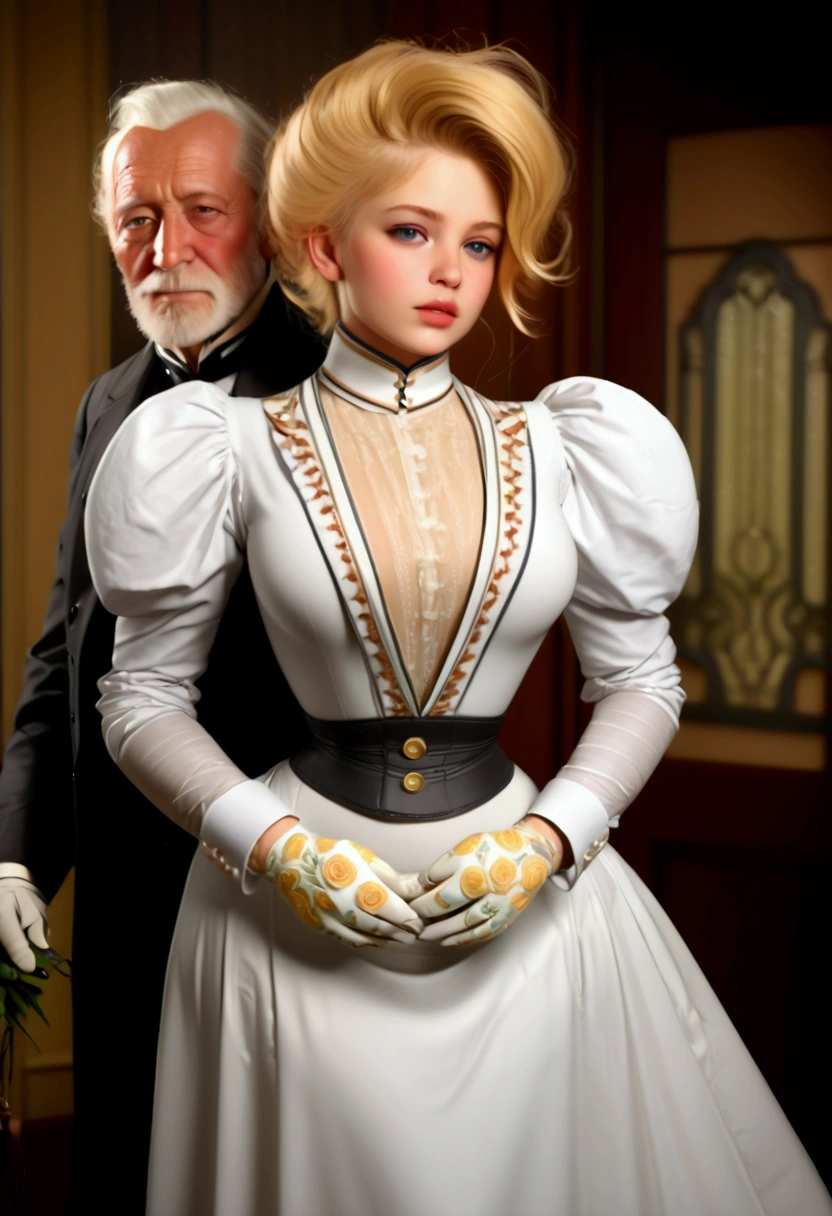 A gorgeous well-endowed yo blonde Gibson Girl bimbo (((fondled by a large horny 69yo gentleman))) in the parlor. Year 1902. (((1900_dr3ss))). Edwardian setting. Short girl with an hourglass figure wearing an elegant white Edwardian outfit consisting of a ((high-collar long sleeve shirtwaist, long skirt, boots, gloves and a wide-brimmed picture hat with flowers)), large tits, wasp waist, massive ass. Man wearing a three-piece suit. (((Young girl and old man. Man taller than girl))). (((NSFW))). (((Realistic proportions:1.5)))