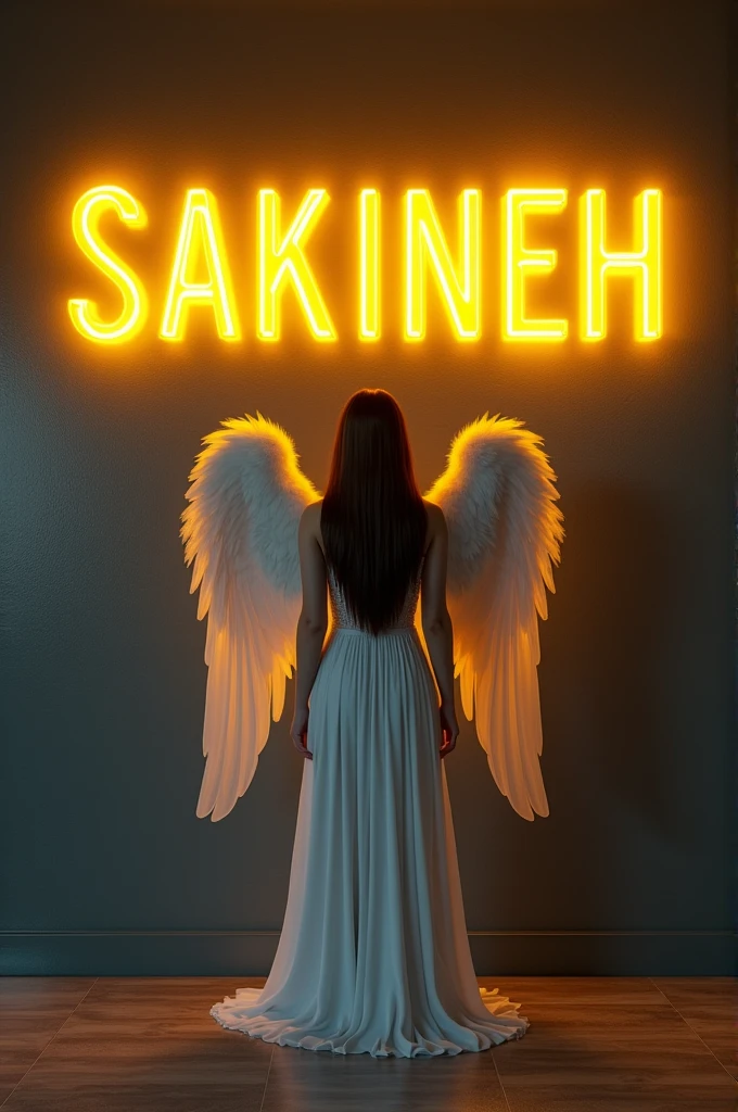 Create 3D picture of a beautiful sitting on the white sofa set chair, the "BABY" is wearing a neon blue saree, background wall decorate in flower and leaves and written on capital Big font white colour "SANVI" and wing are green colour look like angel