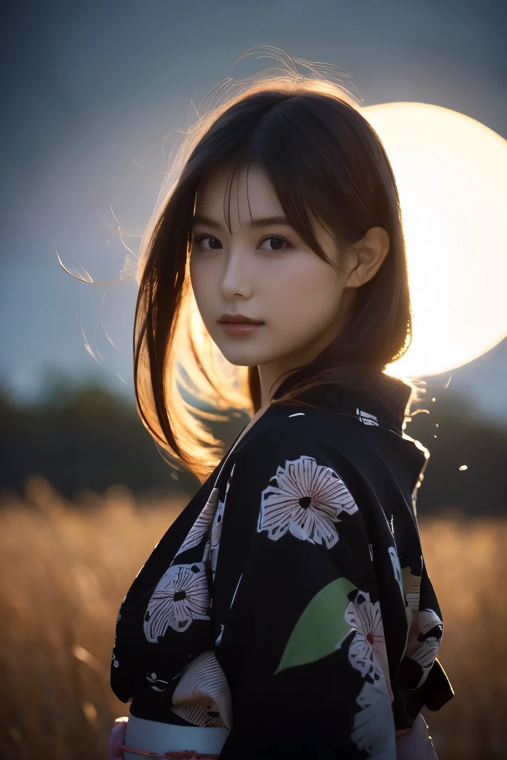 1 girl, (She is wearing a cute yukata:1.2), Very beautiful Japanese idol portraits(RAW Photo Best Quality), (Realistic, Realistic:1.4), (masterpiece), 
Very delicate and beautiful, Very detailed, 2k wallpaper, wonderful, finely, Very detailed CG Unity 8K wallpaper, Very detailed, High resolution, Soft Light, 
Beautiful detailed girl, Very detailed目と顔, Beautiful and sophisticated nose, Beautiful beautiful eyes, Cinema Lighting, 
(Moonlit night in late autumn、I was standing in a desolate field:1.3), (Big Moon), (Full-body silhouette of a girl floating in the moonlight:1.2), (Dark screen:1.5), (Desolate landscape), (I am so lonely),
(Medium Hair), (Hair blowing in the wind), 
Perfect Anatomy, Slender body, Small breasts