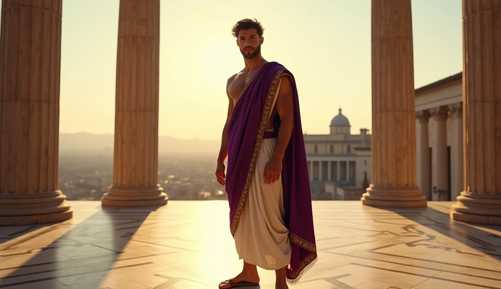 In a 16:9 landscape format, a young Stoic philosopher stands in a grand Roman forum, his expression a mix of shock and disbelief. The ground beneath him appears fragmented, symbolizing the sudden shift caused by betrayal. He wears a traditional Roman tunic with a shoulder opening, subtly revealing his well-defined physique. The lighting is dramatic, casting deep shadows that enhance the sense of instability. The background features majestic Doric columns, slightly blurred, keeping the focus on the philosopher's emotional turmoil as he grapples with the reality of the betrayal.