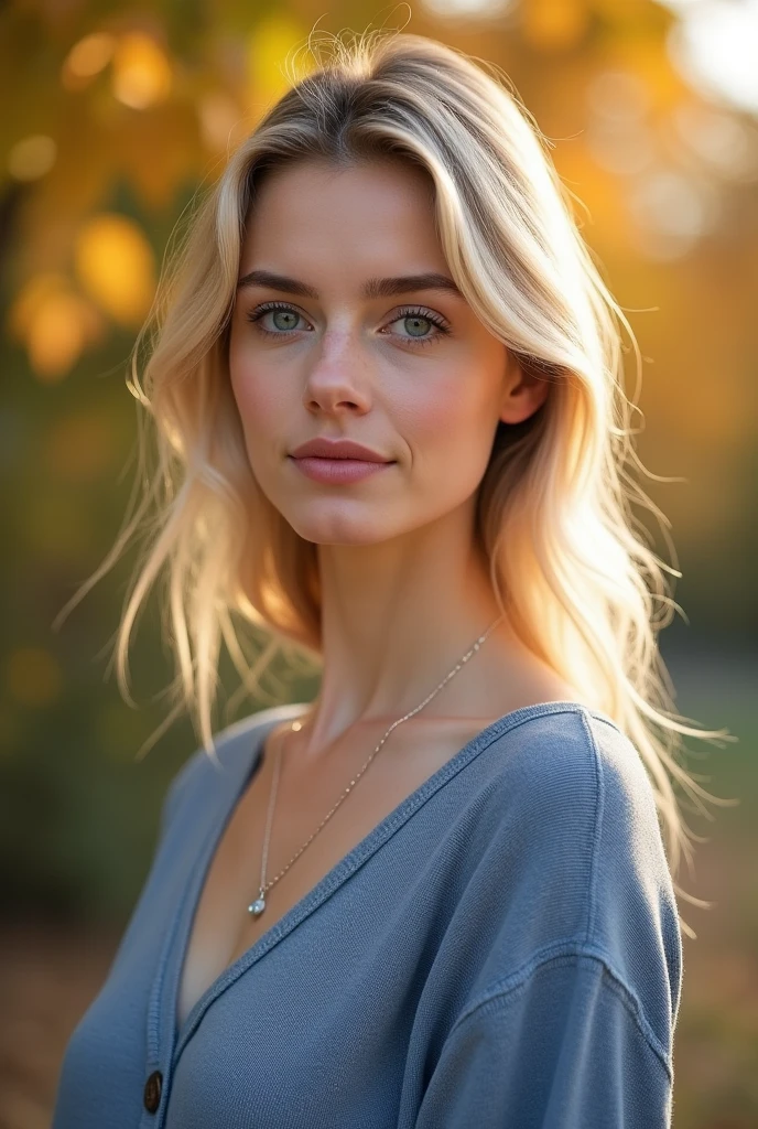 A picture of a young 20 year old German woman with radiant complexion and blonde, well-groomed hair. Her eyes are light colored, accentuated with natural make-up and mascara. She wears a subtle pink lipstick. Necklace, Her outfit consists of a, elegant blue knitted dress with Ausschnitt and black tights. The setting is autumn with a sunny background, and the lighting is soft and diffuse, Focus on her body and the texture of her outfit.
