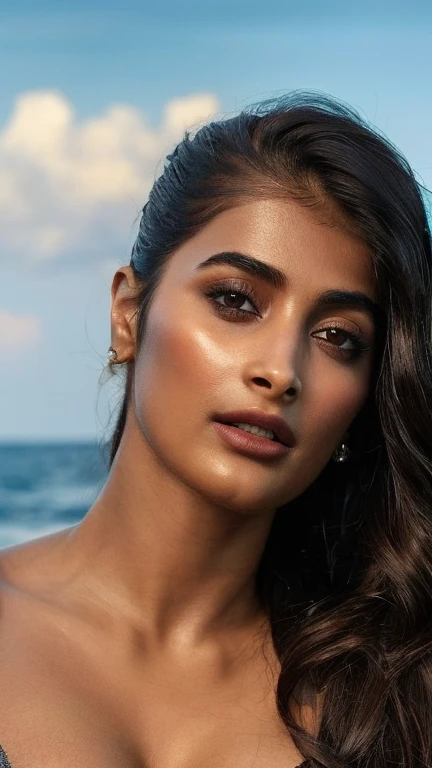 close-up body portrait, showing navel and midriff, (beach photoshoot), ((best quality)), masterpiece, 8k wallpaper, nikon, cinematic lighting, medium hair, ((blue iris)), (photorealistic:1.4), (pooja hegde), (as model), (deep cleavage), bikini, black hair