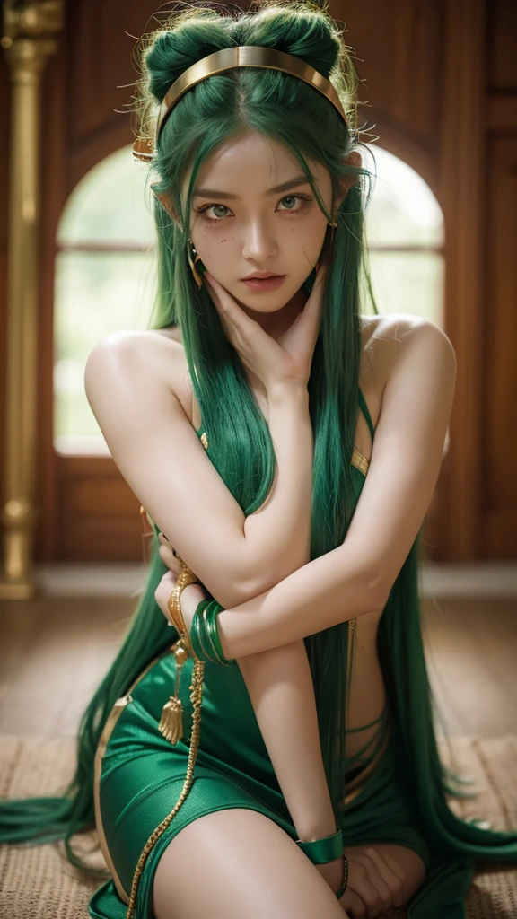 (masterpiece、highest quality、highest quality、official art、beautiful and aesthetic:1.2)、(1girl:1.3)、nsfw,navel,naked,(fractal art:1.3)、card、tarot、green hair、Twin braids、hair flower、(good lighting:1.1)、((High resolution))、Tarot card style
