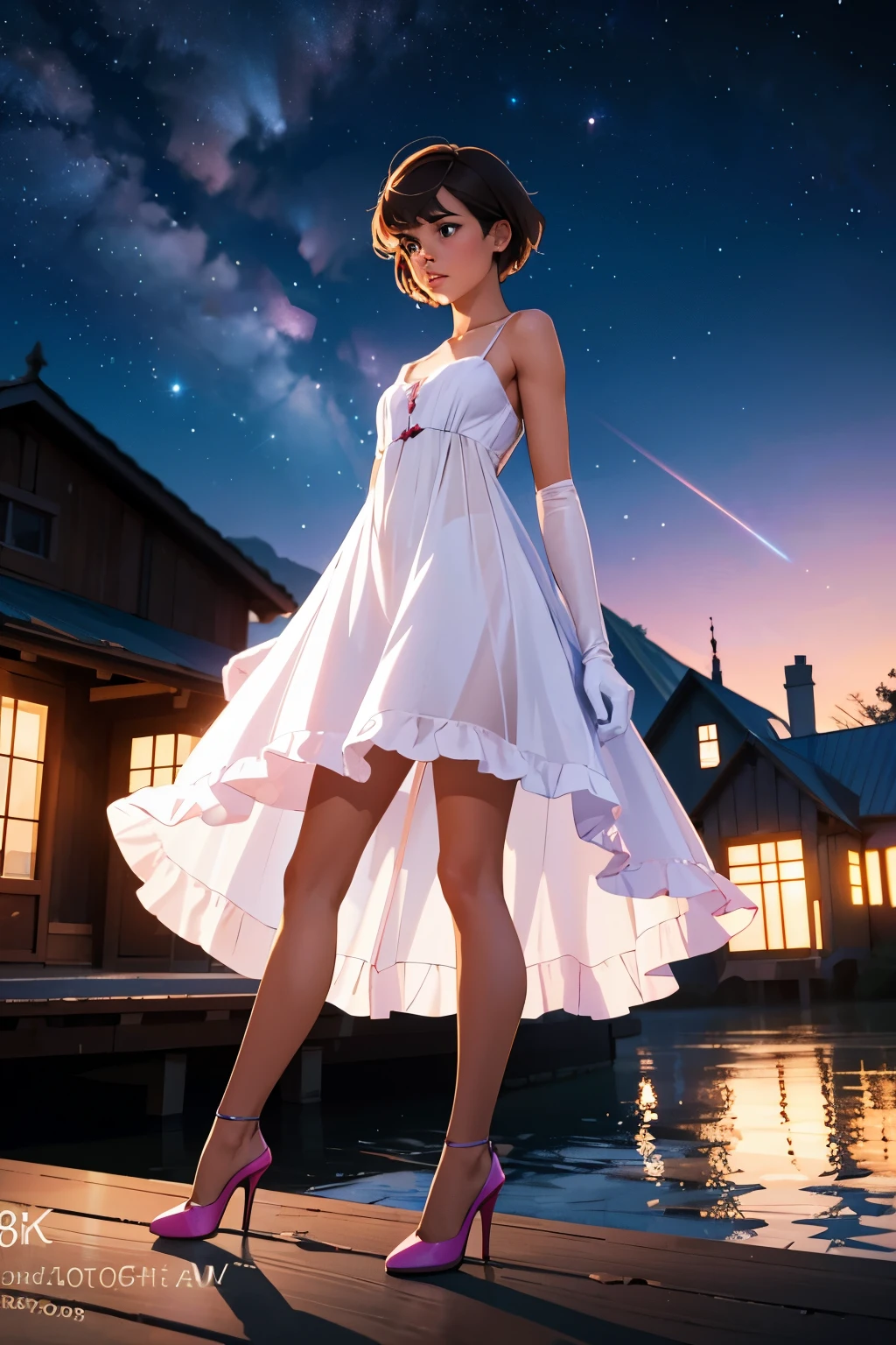 (photograph, hyperrealism, masterpiece, 8k:1.3), 1girl, Comoran, skinny, nsfw, f3mb0t, pink dress, high heels, gloves, see-through, pixie cut brunette hair, fear, Starry Sky, A dark background with twinkling stars, setting a magical and romantic tone, dock, trending on DeviantArt, concept art, shot by august sander, from below, 