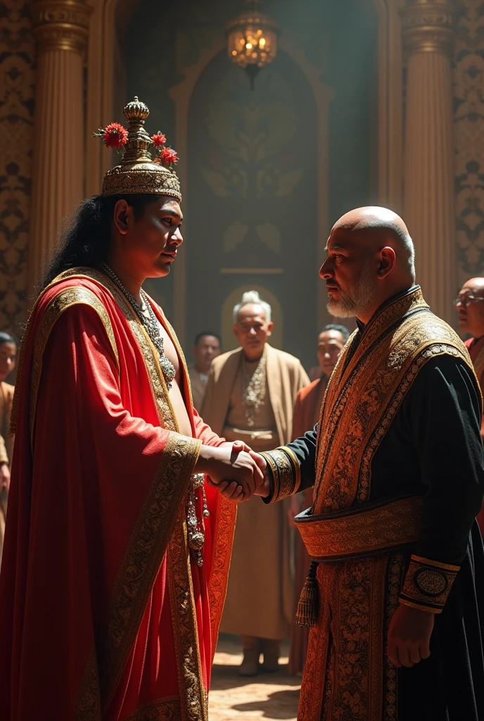 Cena de um homem e uma mulher vestidos com roupas tradicionais, o rei e a raina, homem e mulher, biblical epic movie, 1 9 7 0 s filme, jason momoa as assyrian, price of the film persia, realeza enfeitada e incrustada, cena do filme live action, ainda de um filme de fantasia, vestindo vestes vermelhas douradas, vestindo vestes reais vermelhas douradas, realeza chegando, chegando a cidade, sendo recebido