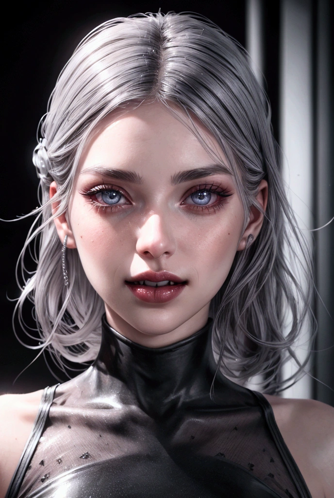 (masterpiece, Highest quality:1.2), 1 person, alone, Close-up of a woman in a  and jacket posing leaning against a railing, cyber punk, cyber punkオッパイ, cyber punkアニメアート,Browsing Caution, ((Woman with tattoo on )),  , ((Short white hair with bangs, Black strands of hair)), Purple eyes,. 超High resolution.Realistic. 超High resolution.Realistic:1.4,超High resolution. Realistic，High resolutionで, masterpiece, Highest quality, Very detailed, Better Shadows, Volumetric lighting), super high quality, High resolution, 8k, 超Realisticな肖像画 , Realistic, Dynamic Lighting, Volumetric lighting, Very detailed顔