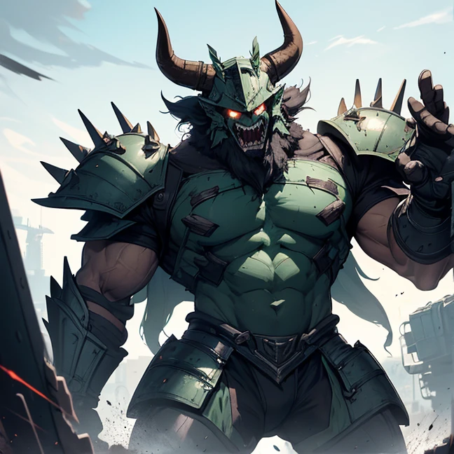 (absurdres, best high quality image, carefuly detailed features and textures, very detailed image, solo character alone, full character body and design): {{(1character: mature male adult green orc), (green green skin, black short beard, short spiky black hair, silvered eyes with black pupils, sharp teeth, prominent long sharp jaw's tusks, muscular balanced body, short pointy ears, 1,90 height sized shape), (blue bulky armor, big shoulder plates adorned with sharp silver spikes, armored hips with blue plates, black fingerless gloves, blue steel boots), (relaxed demeanor, imponent pose witj fists over hips), (green hilled plain, sunny blue sky)}}