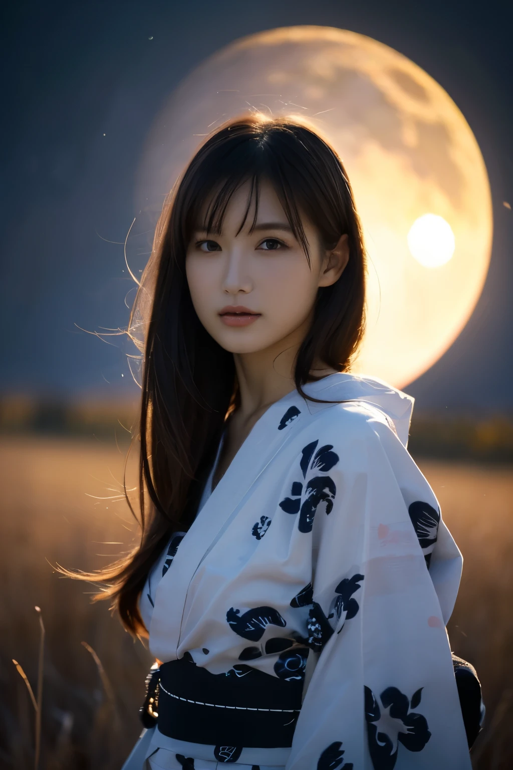 1 girl, (She is wearing a cute yukata:1.2), Very beautiful Japanese idol portraits(RAW Photo Best Quality), (Realistic, Realistic:1.4), (masterpiece), 
Very delicate and beautiful, Very detailed, 2k wallpaper, wonderful, finely, Very detailed CG Unity 8K wallpaper, Very detailed, High resolution, Soft Light, 
Beautiful detailed girl, Very detailed目と顔, Beautiful and sophisticated nose, Beautiful beautiful eyes, Cinema Lighting, 
(Moonlit night in late autumn、I was standing in a desolate field:1.3), (Big Moon), (Full-body silhouette of a girl floating in the moonlight:1.2), (Dark screen:1.5), (Desolate landscape), (I am so lonely),
(Medium Hair), (Hair blowing in the wind), 
Perfect Anatomy, Slender body, Small breasts