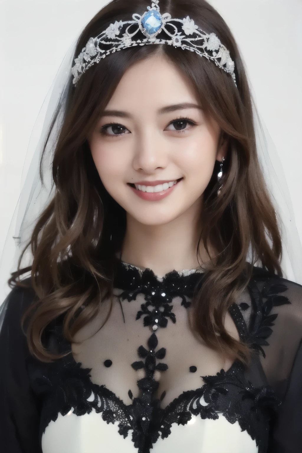 ((Highest quality、masterpiece、、Best image quality、Ultra-high resolution、Award-winning works)、(black wedding dress:1.5)、(Accurate anatomy:1.1)、Tiara、(smile:1.1)、Ultra-high resolution for bright and fair skin、The most detailed face、Ultra-high resolution detailed face、Ultra-high resolution hair、Ultra-high resolution eyes、Beautiful face drawn in every detail、(church:1.1)、beautiful japanese actress face、((upper body:1.6))、Beautiful breasts, solo, snapshot