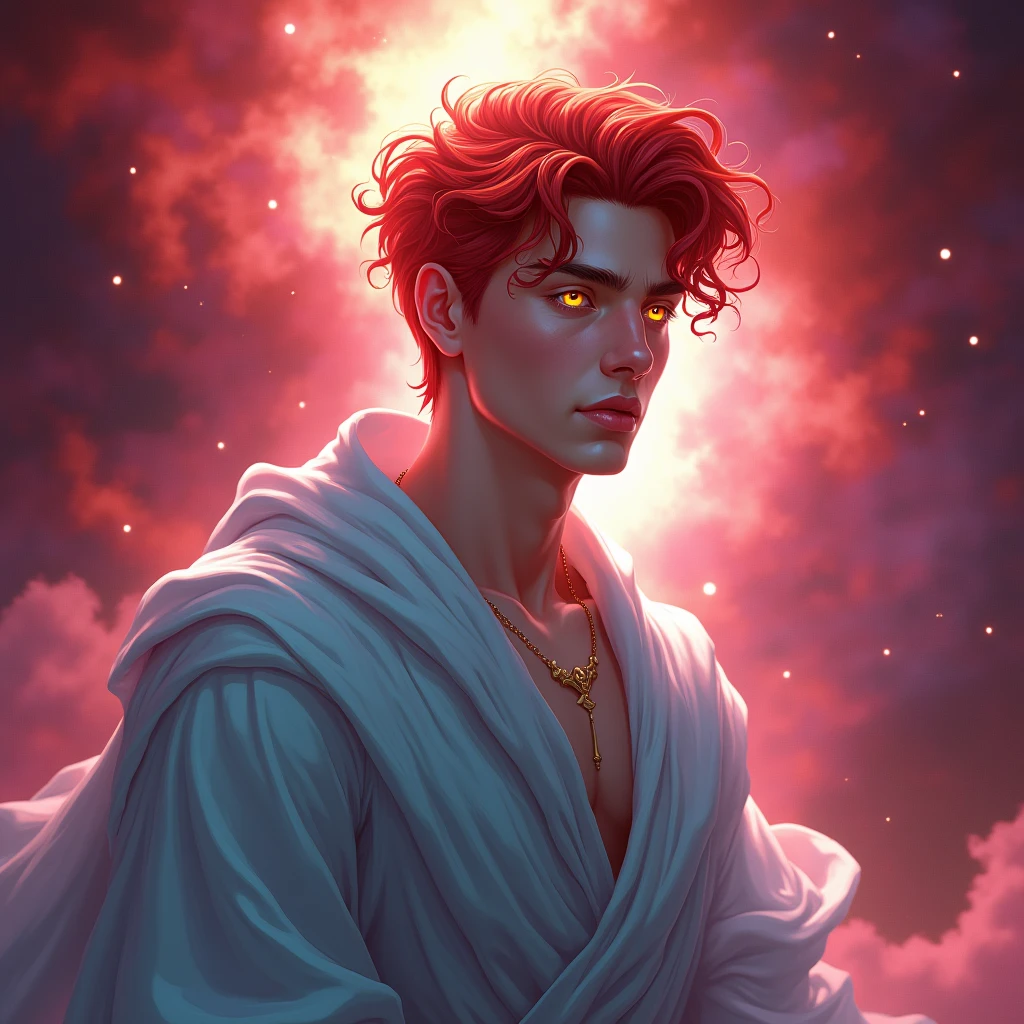 tarot card style, 1boy, male_focus, shirtless, solo, portrait , digital illustrated, flowing hair, glowing rainbow hair, night, pastel , looking at the camera , looking_at_viewer, ring lighting, rim lighting, trending on artstation, wlop, dsktaro1
