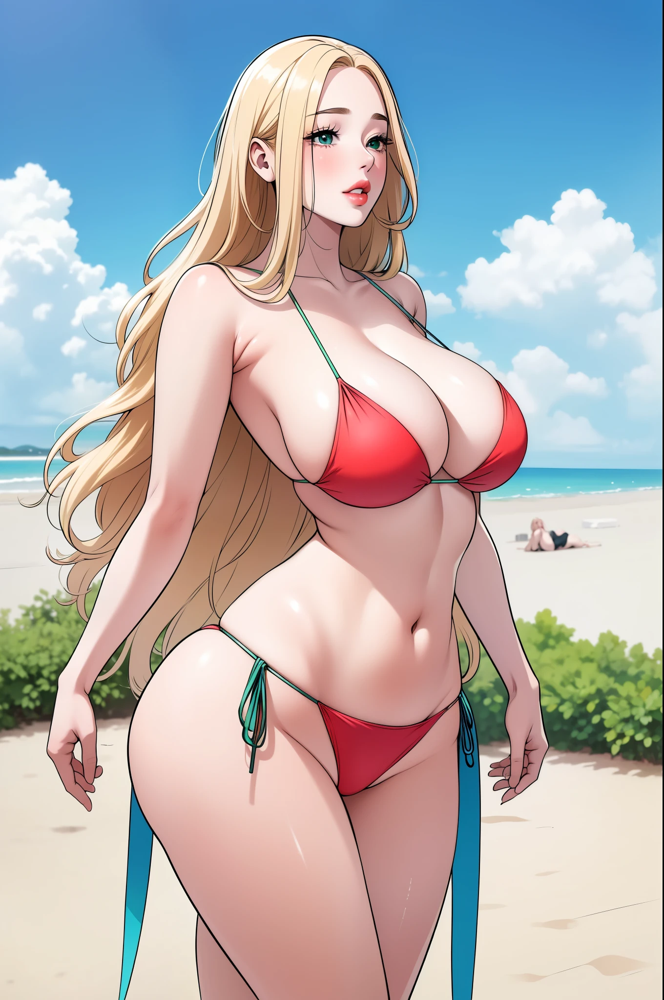 Open mouth, A MILF, ,  ,,wide hips,,Large breasts,,heart mark,Blonde hair ,Resort Beach,Micro Bikini,Shiny body,Shiny skin,Standing,Cowboy Shot