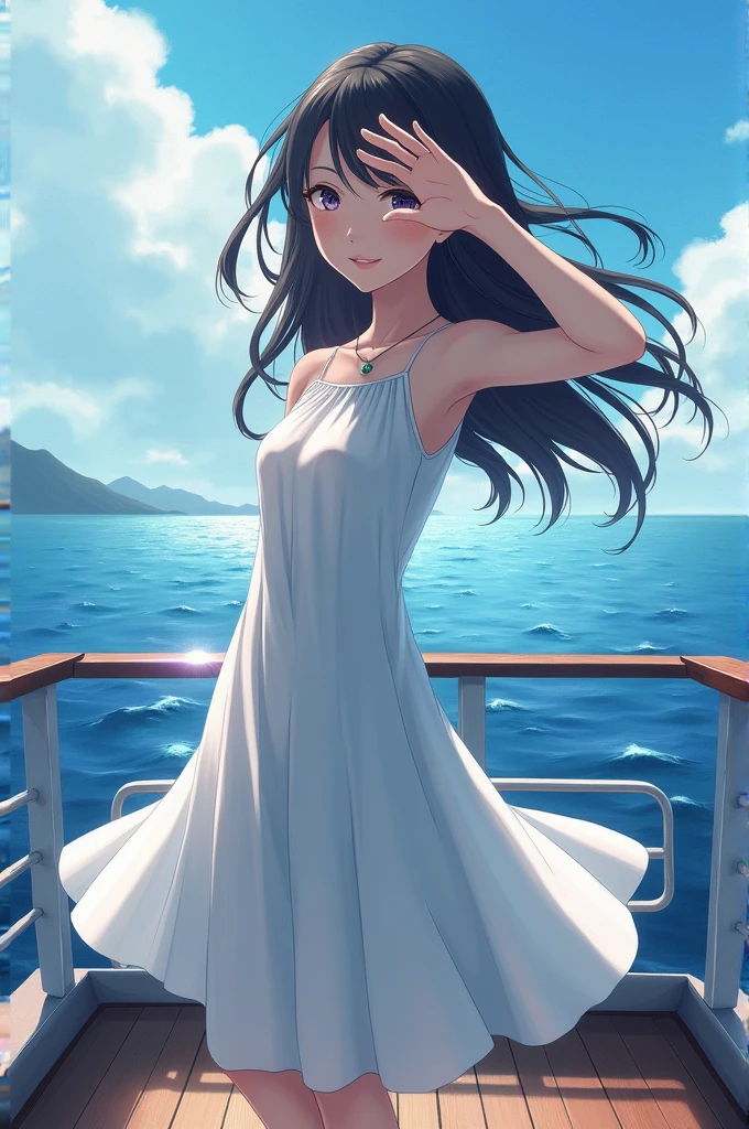 A girl in a white dress stands on a ship, looking at the camera - SeaArt AI
