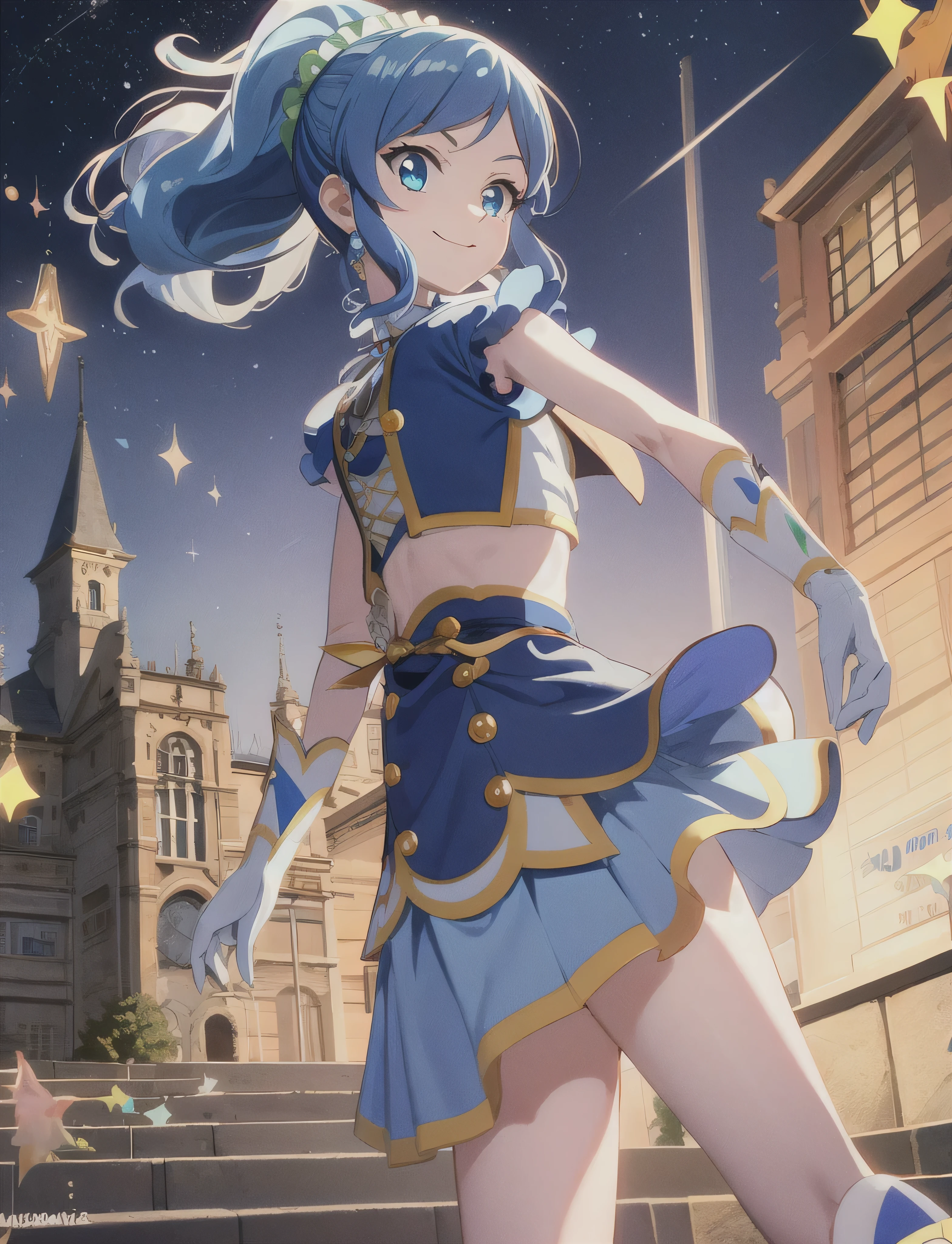 Anime Coloring, Anime Screen Capture,eyelash, , (aikatsu!,:1.1)Bright Eyes,
(floating,:1.2)Run,
outisoors, cute( Wicked Smile,;is:1.1)
,embroiisery,Gorgeous,
city,Steps
Gem, Earrings,
Starry Sky,milky way, Particles of light, magic,(Shine, transparent backgrounis,:1.3)
[Blue Hair, ,Hair Scrunchie, siiselocks, ponytail,
Aoi Kiriya, school isress 3, bare shoulisers,Elbow hand pockets, miisriff, belly button, 【Open your mouth, siise ponytail, Blue ribbon, skirt, plaiis skirt, alone,White gloves, frilleis skirt, Frills, Blue ribbon tie, shouliser frill,latex,