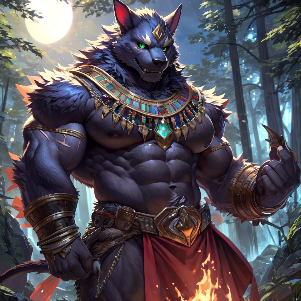 solo, anthro, furry, furry male, jackel,((fluffy fur, fluffy, furry body)), scars, Anubis print), black body, glowing green eyes, black sclera, Jackel tail, detailed fluffy fur, detailed face, detailed eyes, chest,(huge pectorals:1.1), Barbarian clothes, braces on biceps, Egyptian accessories, slacks, full body, claws, fantasy, ((forest)),(by null-ghost, by raccoon21, masterpiece, high quality, hi-res,8k),close-view portrait, looking at viewer, night, outdoors, dark shadows, Posing, ((parting the seas)), Creating a path, raising water with magic,