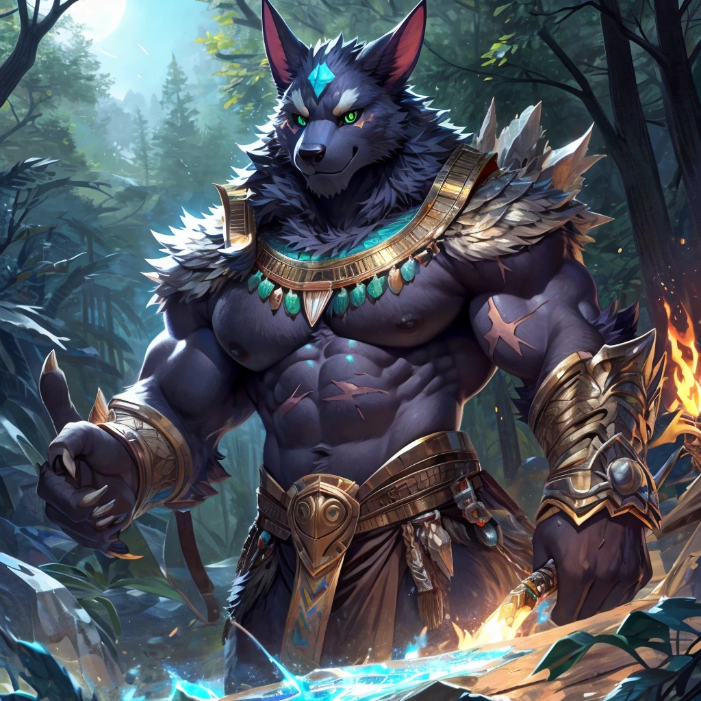 furry art warwick league of legends warrior, perfect eyes, perfect fingers and toes, digitigrade, long mane, alpha male, athletic, NSFW, canine genitalia, hairy balls, erect penis, best quality, seductive smile, looking at viewer, tongue sticking out, bushy tail, perfect fangs, loincloth, pubes, hairy chest, perfect anatomy, bushy tail