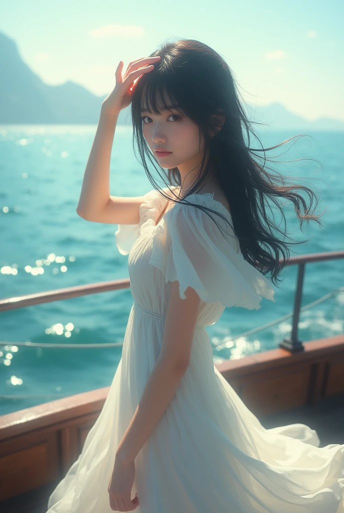 8K, Raw photo, Photorealistic, Realistic, (Detailed skin, Best Quality:1.2), (Japanese college girl standing in deck of luxury liner), ((wearing white summer dress over naked, off-shoulder, long dress)), ((straight long hair:1.4, swept bangs)), (neat face, parted lips, looking away), (((small chest:1.3))), Fairer skin