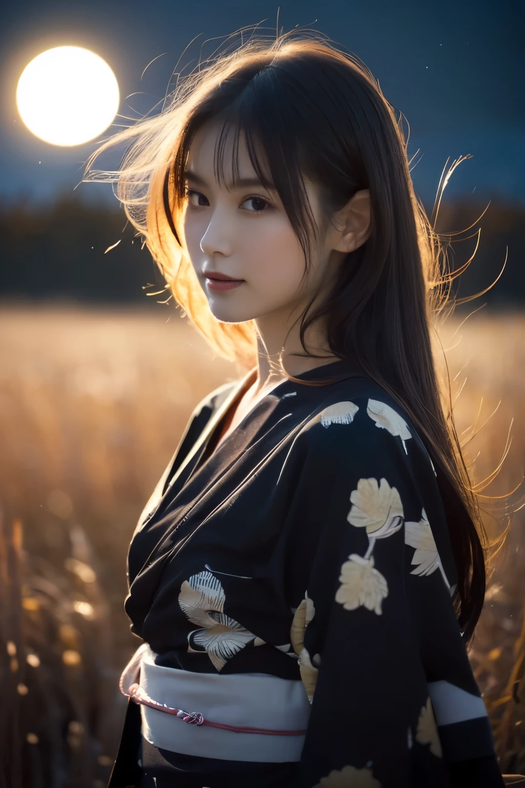 1 girl, (She is wearing a cute yukata:1.2), Very beautiful Japanese idol portraits(RAW Photo Best Quality), (Realistic, Realistic:1.4), (masterpiece), 
Very delicate and beautiful, Very detailed, 2k wallpaper, wonderful, finely, Very detailed CG Unity 8K wallpaper, Very detailed, High resolution, Soft Light, 
Beautiful detailed girl, Very detailed目と顔, Beautiful and sophisticated nose, Beautiful beautiful eyes, Cinema Lighting, 
(Moonlit night in late autumn、I was standing in a desolate field:1.3), (Big Moon), (Full-body silhouette of a girl floating in the moonlight:1.2), (Dark screen:1.5), (Desolate landscape), (I am so lonely),
(Medium Hair), (Hair blowing in the wind), 
Perfect Anatomy, Slender body, Small breasts