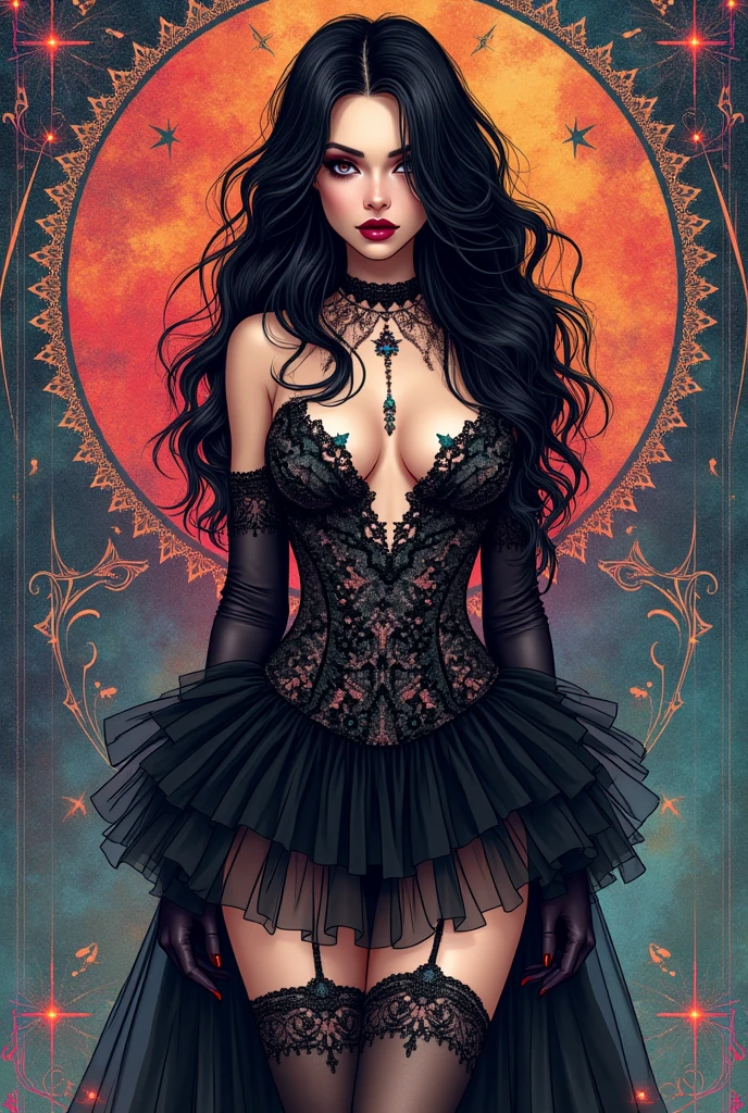 ((Intricate details)),dark fantasy style, GLOOMY AMBIANCE, (Beautiful succubus girl, Long hair), (Beautiful symmetrical blue eyes), (Sexy black lace outfit), (Red leather jacket),  (Orange tulip flowers), cool, Various shades and gradients, Clear focus, Dynamic poses,  (Ed Blinky&#39;s magnificent paintings, Artie Guerin, author：Jeremy Mann, Greg Manches),(The work is set against a backdrop of magnificent buildings that combine classical and Gothic styles.)