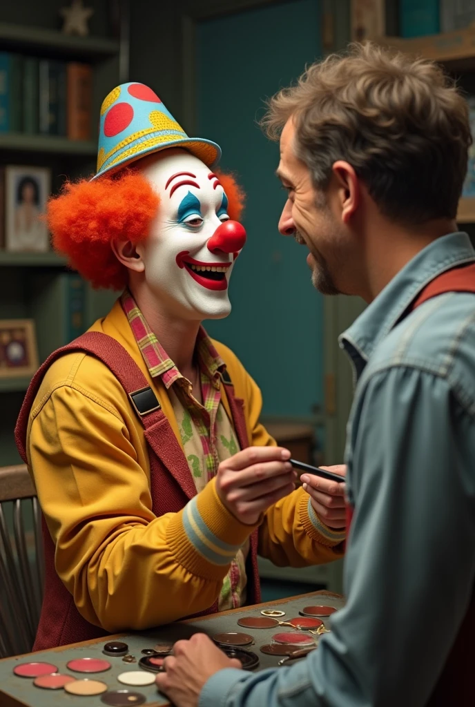 The image of two people in a gym.
A very cynical and manipulative veteran boss with his young lackey with clown features who is fixing his hair.