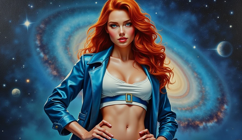 A beautiful naked orange-haired woman, with her body in the form of the Orion nebula