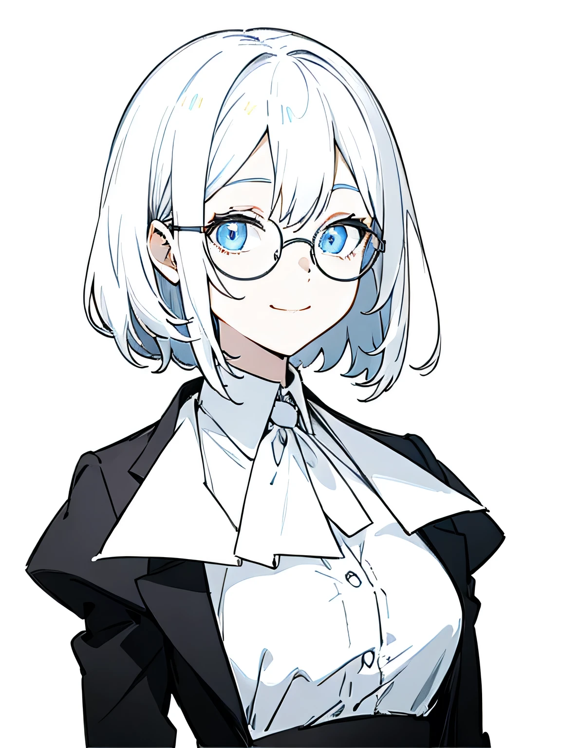 best quality, masterpiece, detailed, 1 girl, solo, slim, white hair, blue eyes, smile, closed mouth, a labtop, typing, office lady, simple background, wearing white shirts and black suit, wearing oversized full round glasses