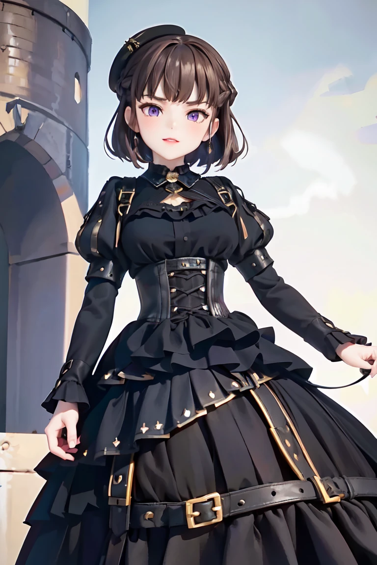 ((Thank You)), Short Hair, Braided Hair, (Brown Hair), Purple eyes, bangs, woman, Alone, (l34th4rdr3ss), long sleeves, leather dress, frills, black dress, juliet sleeves, corset, puffy long sleeves,hat,、temple、Medieval period