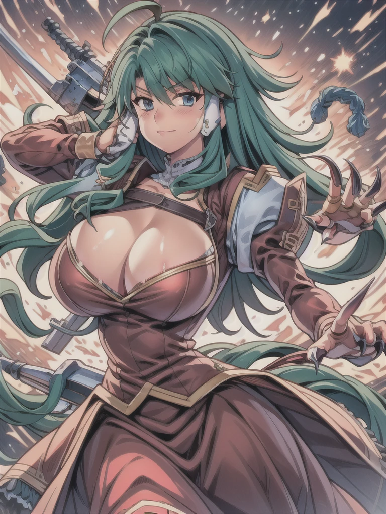 masterpiece,best quality,kim_kwang_hyun, 1girl , plumpy, green hair, hair between eyes, plumpy, solo, large ahoge, green hair, sidelock hair tubes, large huge breasts, looking at viewer, blue eyes, green hair, large ahoge, big bosom, large huge breasts, long sleeves, dress, cleavage, closed mouth, weapon (( Mechanical -claws )), puffy sleeves, arm up, clothing cutout, copyright name, red dress, cleavage cutout, juliet sleeves , power armor, shoulder armor,  Green hair, sidelock hairtubes large ahoge, blue eyes, happy 