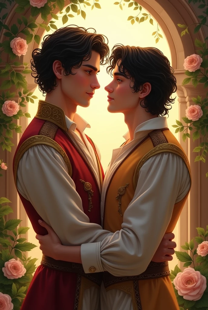 A picture of a charming prince holding a rose, Disney Beauty and the Beast reference, enchanting and gentle smile, dressed in golden shimmering dress, half body::4, charismatic and romantic demeanor, and regal appearance, Digital Art style, art by Martin Ansin, magical and ethereal soft focus portrait, captivating eyes and chiseled features, front view::, 16k, ultra hd --ar 9:16 --q 2 --niji 5