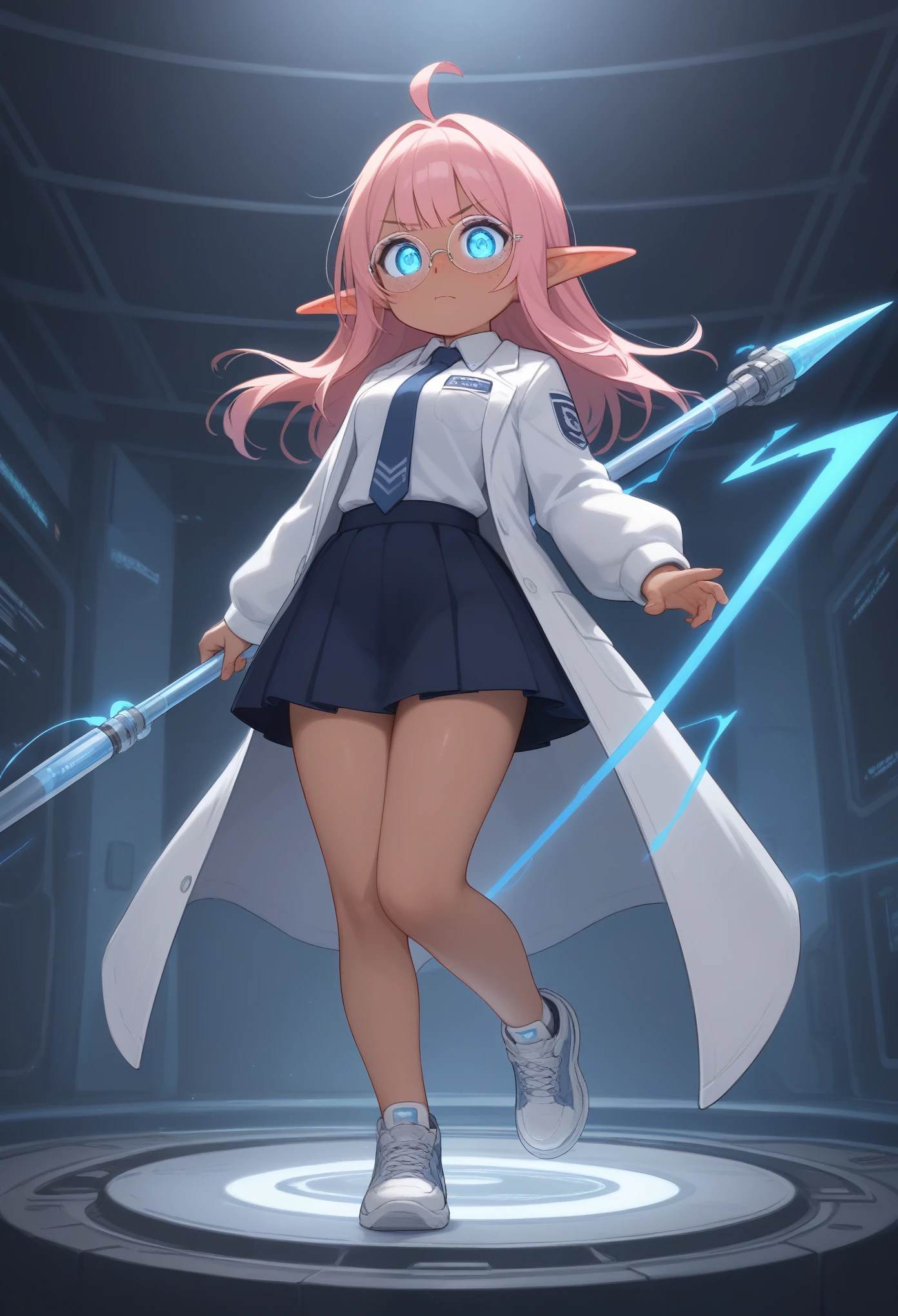 Prismatic coloration, holographic environment. Create an anime-style short female scientist with dark brown skin. She has long, straight pink hair flowing down her back with soft bangs framing her face. Her large, glowing sci-fi blue eyes are behind round glasses, and her face is covered with prominent, exaggerated freckles that stand out against her skin. She is wearing a white lab coat over a formal dark blue tie, paired with a lab-safe skirt. Her sharp elf-like ears add to her unique appearance. In a high-tech, sci-fi laboratory filled with glowing monitors, blue electric surges crackle and swirl around her body, illuminating the surroundings with intense light. She holds a futuristic spear that surges with crackling blue electricity, the energy flowing from her hands into the weapon, amplifying her power. The spear glows with intricate circuitry, pulsing with energy as it channels her immense electrical abilities. She wears sleek sneakers with an intrinsic glow from the soles, adding to her futuristic look. Electric arcs shoot from her hands and feet, interacting with the metallic floor, while the spear creates a powerful, glowing electric field around her. The blue aura of electricity enhances her control over energy, making the environment pulse with electric currents. detailed face, extremely detailed eyes, masterpiece, 4k, 8k, high-res, ultra-detailed, physically-based rendering, vivid colors, studio lighting cinematic lighting, dramatic lighting, dramatic composition, dynamic pose, volumetric lighting, cute ass, B-cups, Cute breasts, shapely figure, Serious expression, glowing eyes, freckles, heavy freckles, chibi, short, Full Body