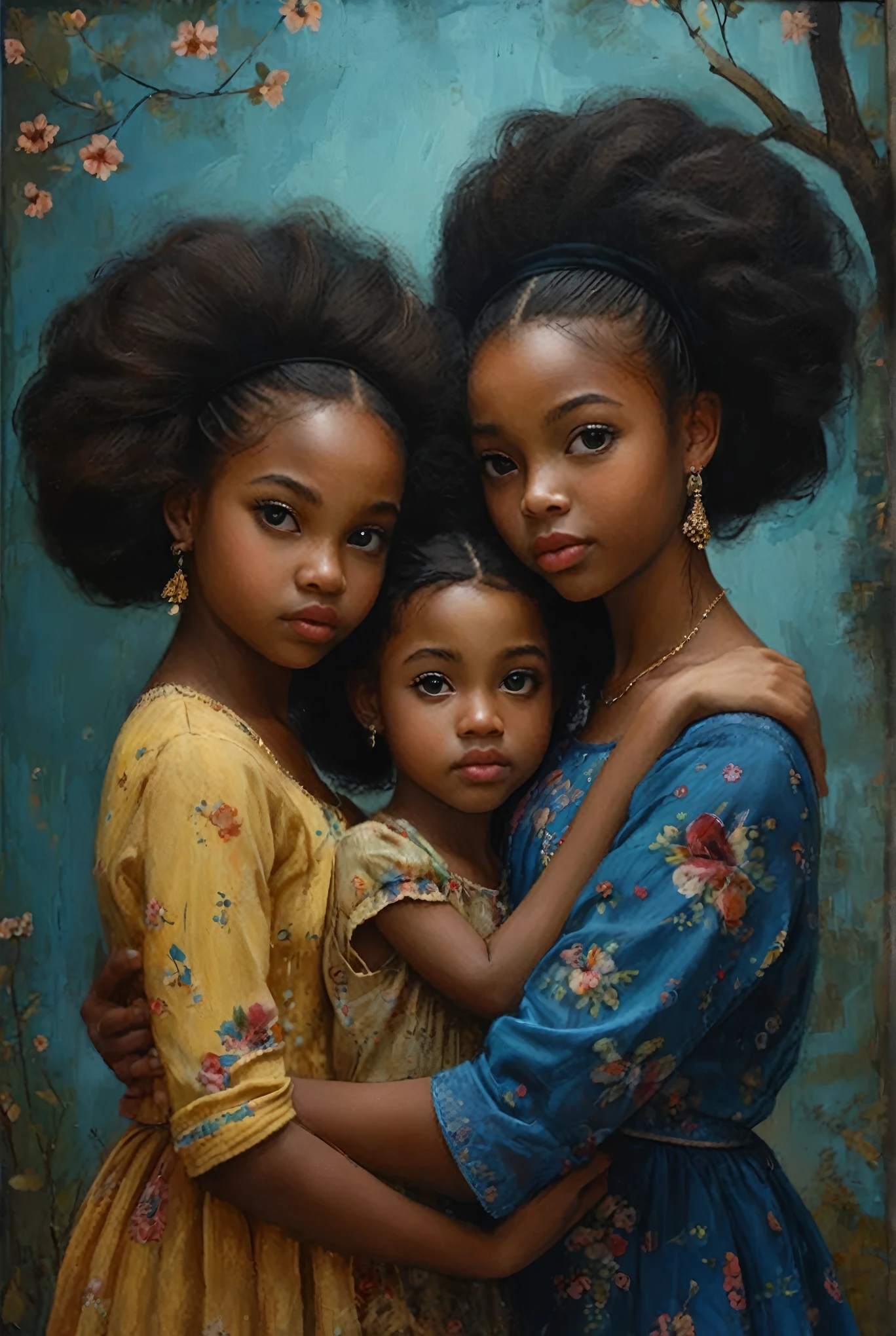 three young girls are posing for a picture in a painting, beautiful portrait, high quality portrait, beautiful girls, beautiful portraits, beautiful portrait image, incredibly beautiful, beautiful artwork, very beautiful portrait, by László Balogh, beautiful faces, sisters, beautiful art, gorgeous faces, 3 sisters look into the mirror, african american, absolutely outstanding image, gorgeous portrait