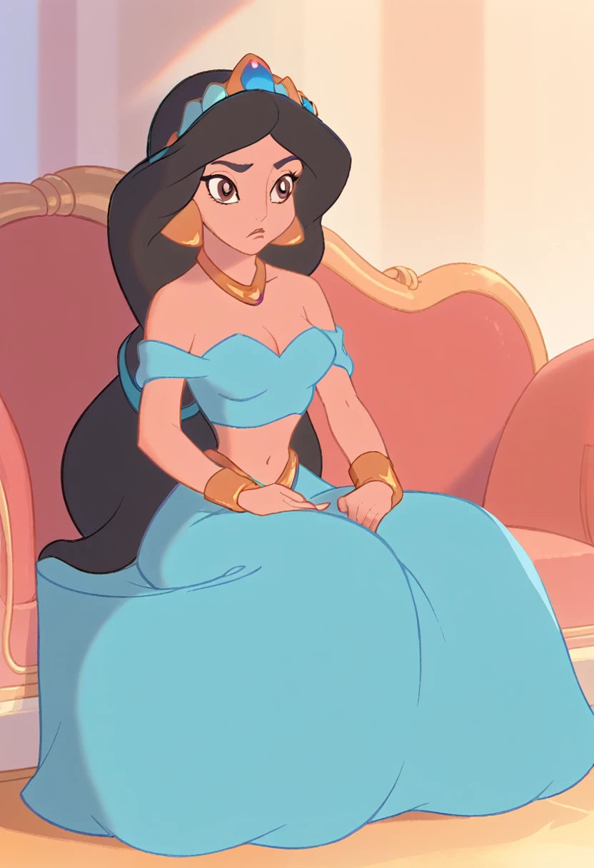 (masterpiece, best quality), 1girl  long black hair, sitting on couch, wears sumptuous gowns with gold detailing, elaborate trains, and vibrant jewels, brown eyes, gold bracelets, blue tiara, grinning