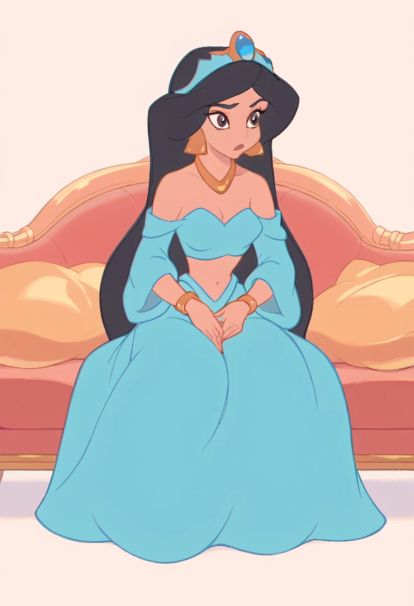 (masterpiece, best quality), 1girl  long black hair, sitting on couch, wears sumptuous gowns with gold detailing, elaborate trains, and vibrant jewels, brown eyes, gold bracelets, blue tiara, grinning