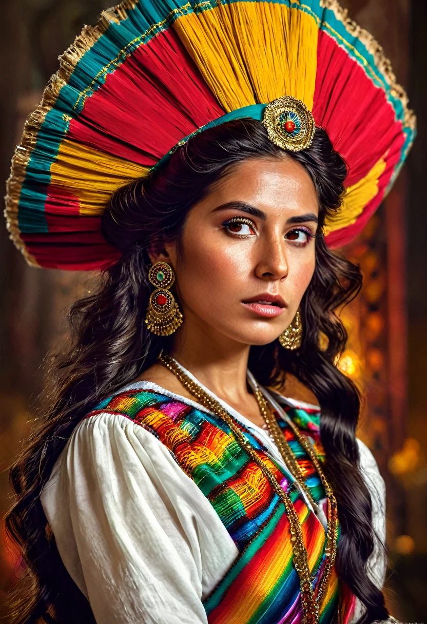 A beautiful Mexican woman, historical figure, in the Mexican revolution, detailed portrait, long flowing hair, intense eyes, regal expression, ornate headpiece, traditional Mexican clothing, dramatic lighting, vivid colors, cinematic composition, (best quality,4k,8k,highres,masterpiece:1.2),ultra-detailed,(realistic,photorealistic,photo-realistic:1.37),digital painting