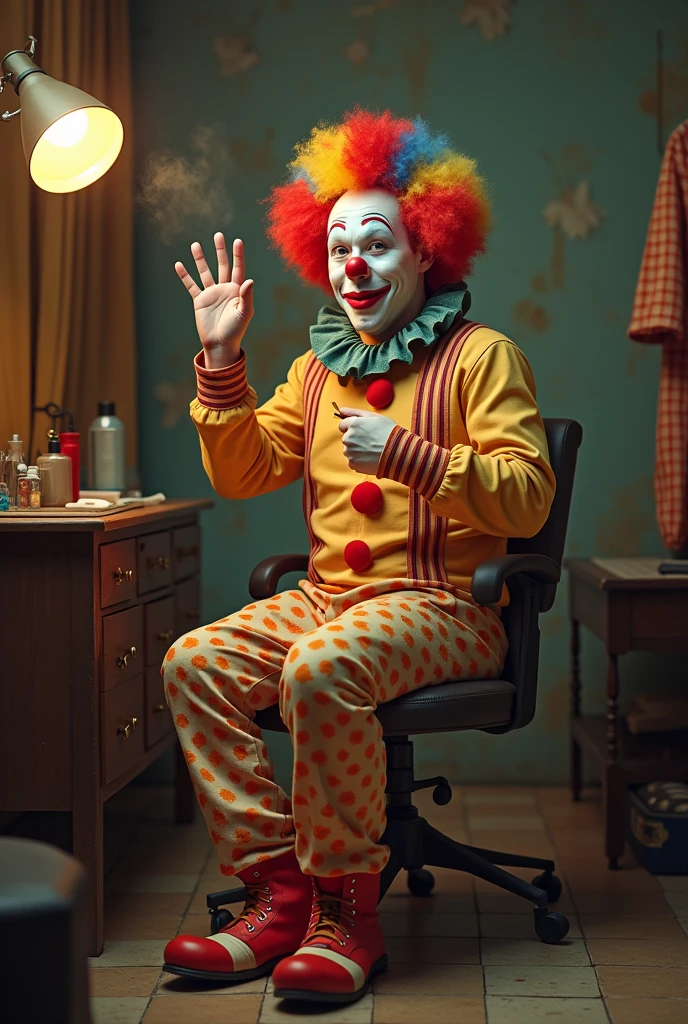the image shows a friendly clown lying on a bed wearing yellow dungaree style overalls with a red and white striped long sleeve top and yellow gloves holding a painting. Angle of the side image
