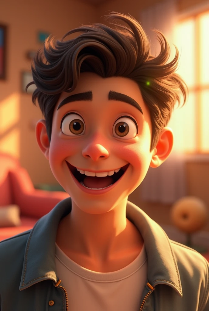 1 young man, posing with a smile, with loose shirt, short curly hair, soft illumination, window of light, soft lighting, cozy room, calm pose, realistic details, warm colors, estiilo 3d pixar
