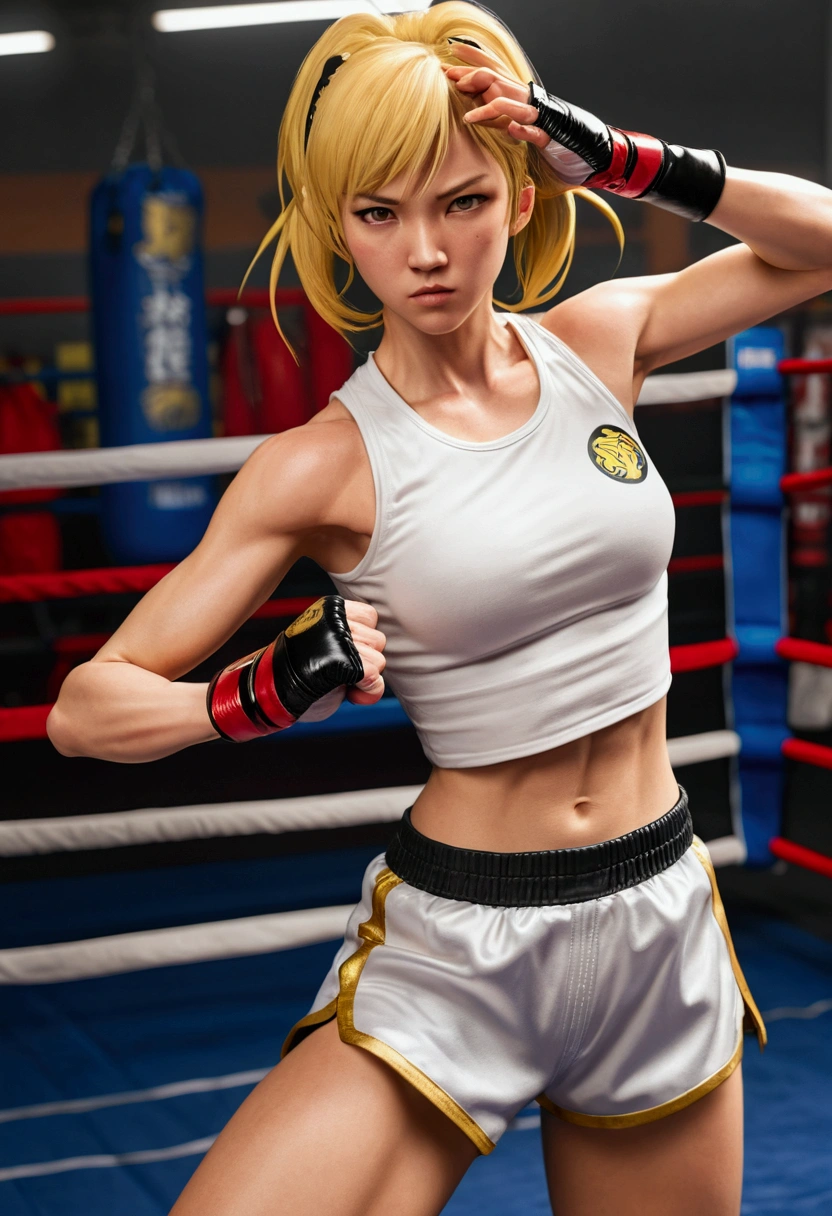 ((Best Quality)), ((Masterpiece)), (Detailed: 1.4), 16k, (((1girl))), very big chest, slim waist, short blonde hair, ((yellow eyes)), eyes detailed, ((eyes emitting intense glow)), muscular, extremely defined body, sweaty, ((taekwondo outfit)), sexy micro shorts, serious look, mat, in a martial arts fighting competition, extremely detailed image, detail in the audience.