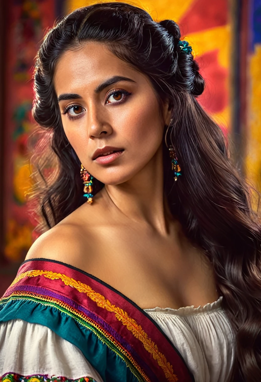 A beautiful Mexican woman, historical figure, in the Mexican revolution, detailed portrait, long flowing hair, intense eyes, regal expression, traditional Mexican clothing, dramatic lighting, vivid colors, cinematic composition, (best quality,4k,8k,highres,masterpiece:1.2),ultra-detailed,(realistic,photorealistic,photo-realistic:1.37),digital painting