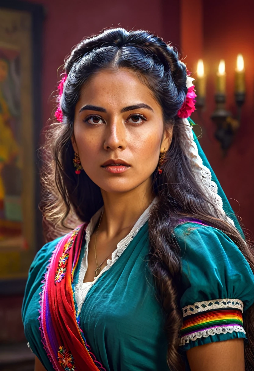 A beautiful Mexican woman, historical figure, in the Mexican revolution, detailed portrait, long flowing hair, intense eyes, regal expression, traditional Mexican clothing, dramatic lighting, vivid colors, cinematic composition, (best quality,4k,8k,highres,masterpiece:1.2),ultra-detailed,(realistic,photorealistic,photo-realistic:1.37),digital painting