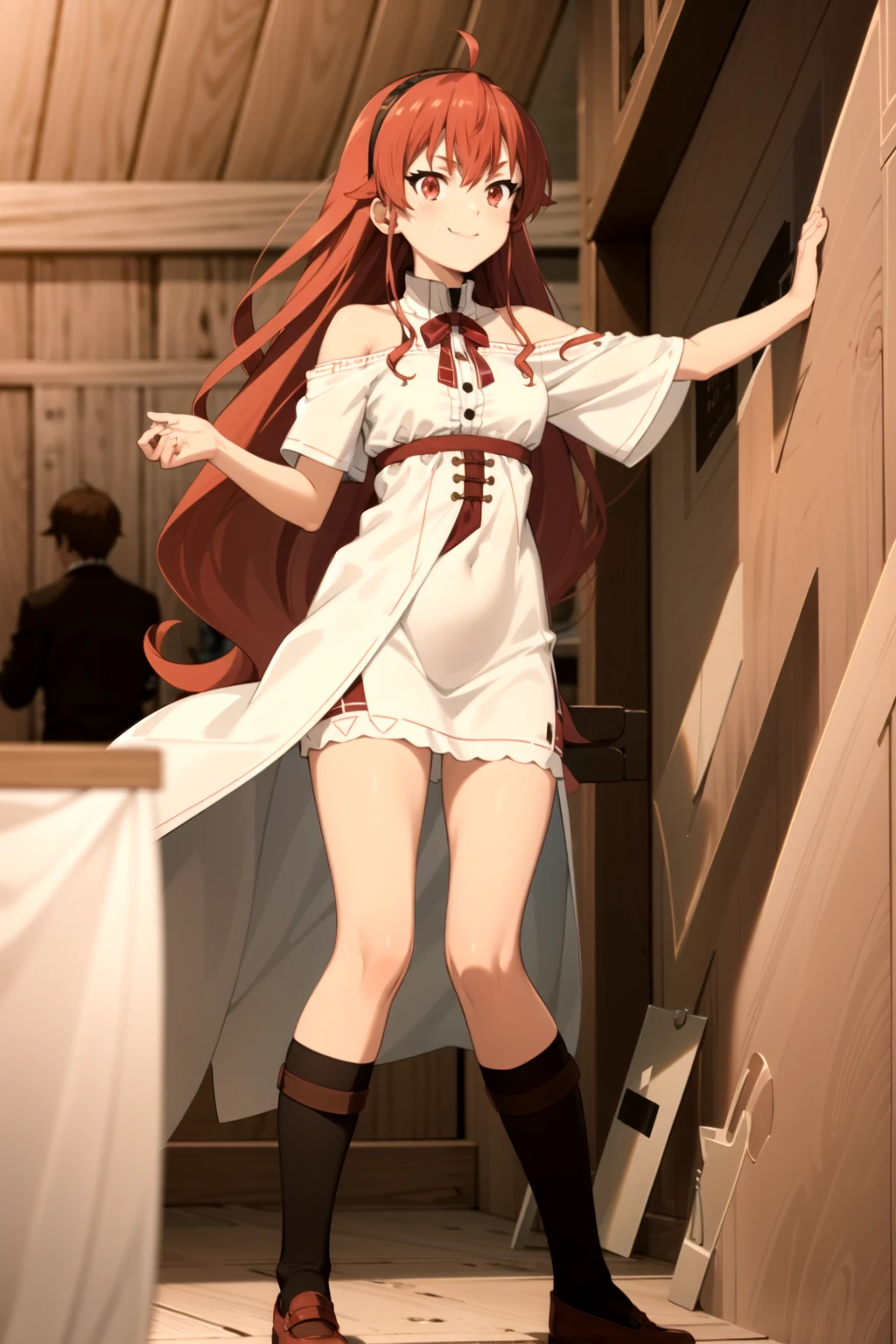 (Best Quality), (masterpiece:1.2), detailed, (Eris Boreas Greyrat), Mouth closed, Light smile long hair, Redhead, Ahoge, Red eyes, Black Hairband, (Small breasts), (Black knee socks), Mary Jane Shoes, Standing, Watch the audience, (Pink), Standing, Spread leg cowboy shot, indoor, window