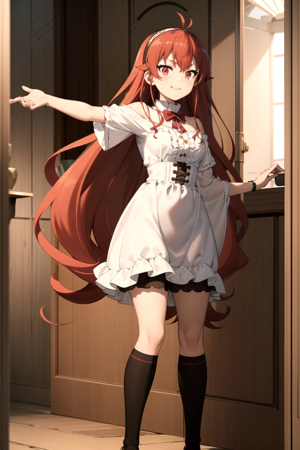 (Best Quality), (masterpiece:1.2), detailed, (Eris Boreas Greyrat), Mouth closed, Light smile long hair, Redhead, Ahoge, Red eyes, Black Hairband, (Small breasts), (Black knee socks), Mary Jane Shoes, Standing, Watch the audience, (Pink), Standing, Spread leg cowboy shot, indoor, window