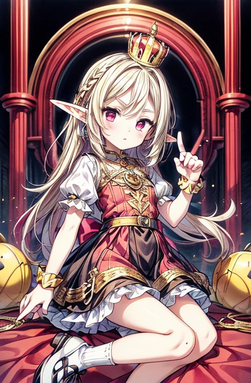 (masterpiece, best quality), 1girl, elf ears, yellow and red crown, arched eyebrows, straight face, short puffy dress, puffy short sleeves, neck ruff, white frilly socks, black platform shoes, gold shoes, ring on middle finger, holding a gold and red scepter, black eyes, long flowy blonde hair, Pink highlights