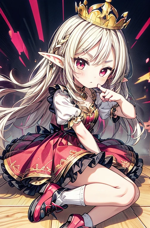 (masterpiece, best quality), 1girl, elf ears, yellow and red crown, arched eyebrows, straight face, short puffy dress, puffy short sleeves, neck ruff, white frilly socks, black platform shoes, gold shoes, ring on middle finger, holding a gold and red scepter, black eyes, long flowy blonde hair, Pink highlights